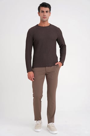 Slim Fit Esnek Pamuklu Dokulu Kumaş Uzun Kollu Kahverengi Tişört TS 934