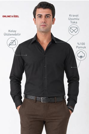 Siyah %100 Pamuklu Nefes Alabilir Kolay Ütülenebilir Uzun Kollu Slim Fit Gömlek GK 766