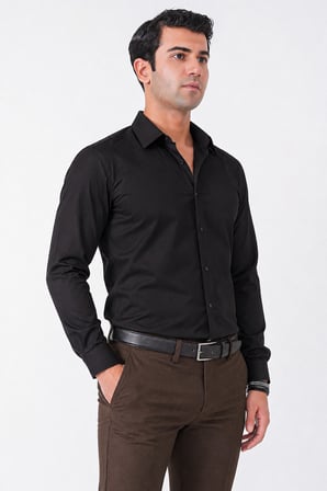 Siyah %100 Pamuklu Nefes Alabilir Kolay Ütülenebilir Uzun Kollu Slim Fit Gömlek GK 766
