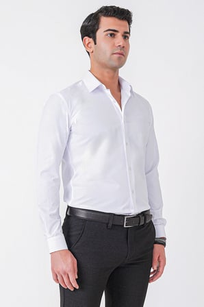 Beyaz %100 Pamuklu Nefes Alabilir Kolay Ütülenebilir Uzun Kollu Slim Fit Gömlek GK 766
