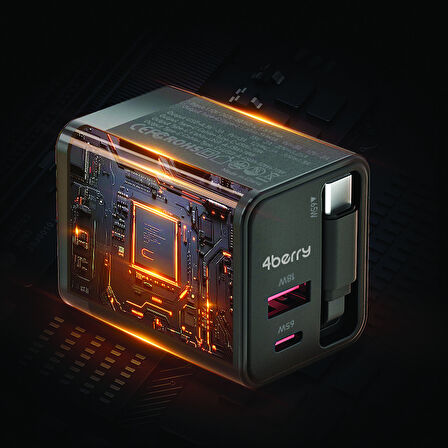 GaN Pro Charge 65W Hızlı Şarj Adaptörü Type-C + USB-A + Dahili Kablo