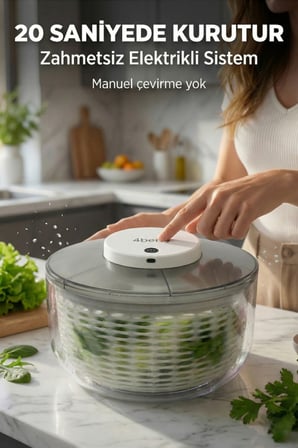Otomatik Elektrikli Salata Kurutucu - 6 Litre USB Şarjlı Sebze ve Meyve Kurutma Makinesi
