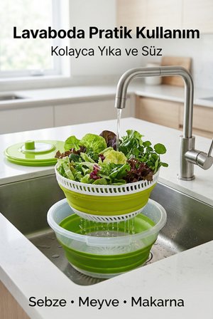 Katlanabilir Salata Kurutucu - Süzgeç ve Kase Seti - 3’ü 1 Arada 4.5 Litre Yeşil