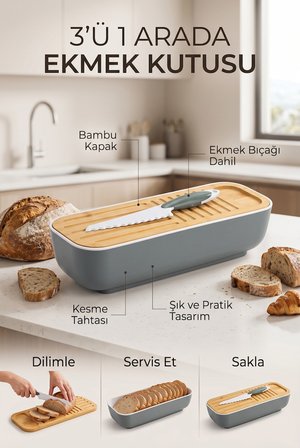 3’ü 1 Arada Ekmek Kutusu – Bambu Kapaklı, Kesme Tahtalı ve Bıçaklı Ekmek Saklama Kabı