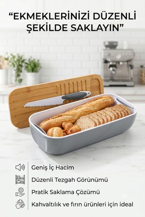 3’ü 1 Arada Ekmek Kutusu – Bambu Kapaklı, Kesme Tahtalı ve Bıçaklı Ekmek Saklama Kabı