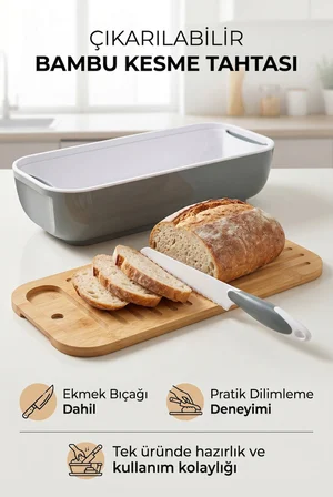 3’ü 1 Arada Ekmek Kutusu – Bambu Kapaklı, Kesme Tahtalı ve Bıçaklı Ekmek Saklama Kabı