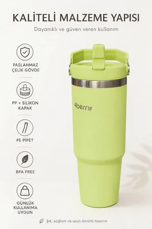 SS119 900 ml Çelik Termos Bardak Pipetli Kulplu Taşınabilir Su Matarası Yeşil