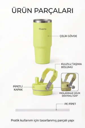 SS119 900 ml Çelik Termos Bardak Pipetli Kulplu Taşınabilir Su Matarası Yeşil