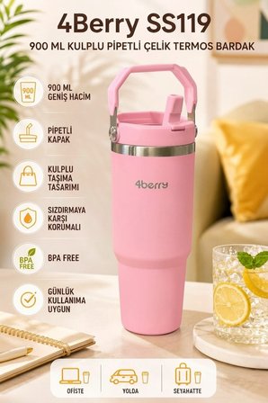 SS119 900 ml Çelik Termos Bardak Pipetli Kulplu Taşınabilir Su Matarası Pembe