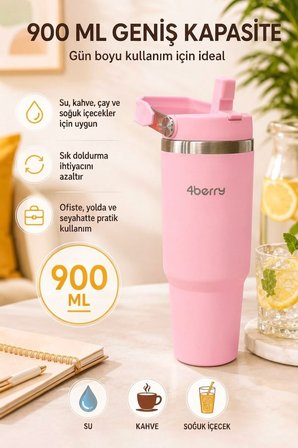 SS119 900 ml Çelik Termos Bardak Pipetli Kulplu Taşınabilir Su Matarası Pembe