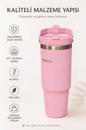 SS119 900 ml Çelik Termos Bardak Pipetli Kulplu Taşınabilir Su Matarası Pembe