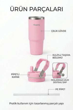 SS119 900 ml Çelik Termos Bardak Pipetli Kulplu Taşınabilir Su Matarası Pembe