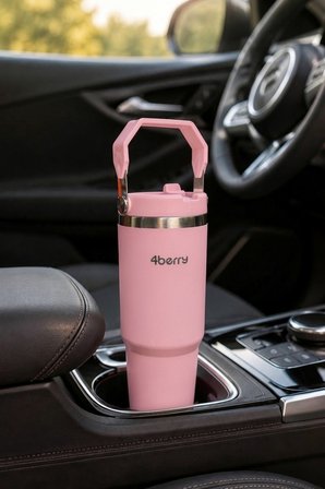 SS119 900 ml Çelik Termos Bardak Pipetli Kulplu Taşınabilir Su Matarası Pembe