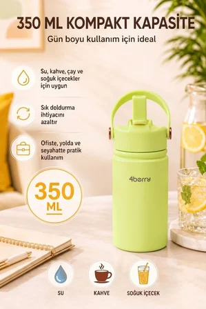 350 ml Kulplu Pipetli Çelik Termos Bardak – BPA Free, Taşınabilir Mini Termos, Yeşil Renk