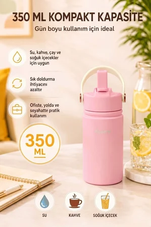 350 ml Kulplu Pipetli Çelik Termos Bardak – BPA Free, Taşınabilir Mini Termos, Pembe Renk