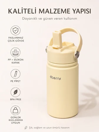 350 ml Kulplu Pipetli Çelik Termos Bardak – BPA Free, Taşınabilir Mini Termos, Krem Renk
