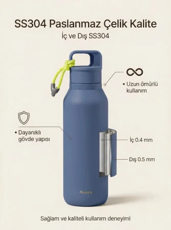 Çelik Termos 560 ml Paslanmaz Çelik Çift Duvarlı Sızdırmaz Kapaklı Askılı Taşınabilir Sıcak Soğuk Termos