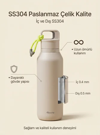 Çelik Termos 560 ml Paslanmaz Çelik Çift Duvarlı Sızdırmaz Kapaklı Askılı Taşınabilir Sıcak Soğuk Termos - Bej