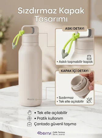 Çelik Termos 560 ml Paslanmaz Çelik Çift Duvarlı Sızdırmaz Kapaklı Askılı Taşınabilir Sıcak Soğuk Termos - Bej