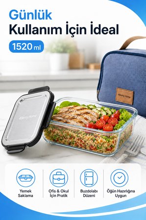 1520 ml Kilitli Cam Saklama Kabı – İnoks Kapaklı Yemek ve Kahvaltılık Kabı