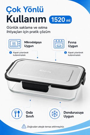 1520 ml Kilitli Cam Saklama Kabı – İnoks Kapaklı Yemek ve Kahvaltılık Kabı