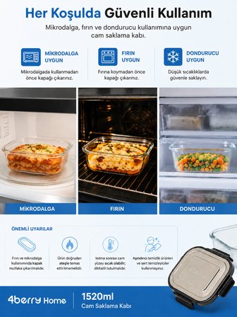 1520 ml Kilitli Cam Saklama Kabı – İnoks Kapaklı Yemek ve Kahvaltılık Kabı