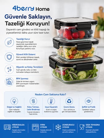 1520 ml Kilitli Cam Saklama Kabı – İnoks Kapaklı Yemek ve Kahvaltılık Kabı