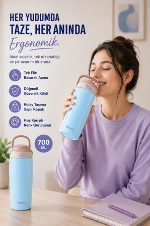 4Berry 700 ML Termos Matara Çift Cidarlı Vakum Yalıtımlı Sıcak Soğuk Tutan Sızdırmaz Kapaklı - Mavi