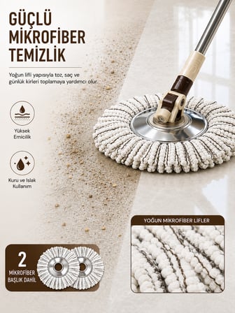 4Berry Home Tekerlekli Spin Mop Seti FB-111– Pedallı Sıkma Hazneli, Mikrofiber Başlıklı ve Teleskopik Saplı Temizlik Seti