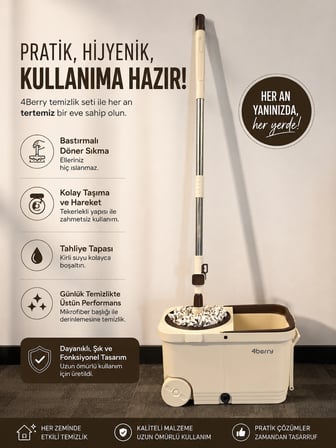 4Berry Home Tekerlekli Spin Mop Seti FB-111– Pedallı Sıkma Hazneli, Mikrofiber Başlıklı ve Teleskopik Saplı Temizlik Seti