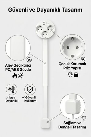 Teleskopik Masaüstü Çoklu Priz 3’lü Topraklı + USB-C & USB-A, Yükseklik Ayarlı, Işıklı Anahtarlı Uzatma Prizi