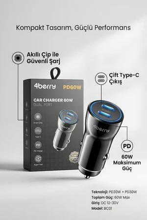 BC01 PD60W Dual Port Type-C Araç Şarj Cihazı – 60W Max Süper Hızlı Şarj Adaptörü