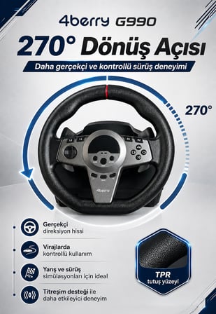 G990 270° Gaming Direksiyon Seti – 6+1 Vitesli, 3 Pedallı, Titreşimli Yarış Simülasyonu