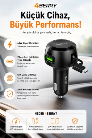 4Berry 48W Süper Hızlı Şarj Destekli Geri Çekilebilir Kablolu Araç Şarj Cihazı