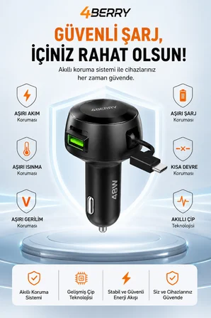 4Berry 48W Süper Hızlı Şarj Destekli Geri Çekilebilir Kablolu Araç Şarj Cihazı