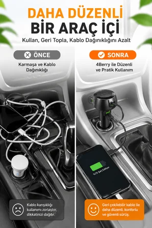 4Berry 48W Süper Hızlı Şarj Destekli Geri Çekilebilir Kablolu Araç Şarj Cihazı