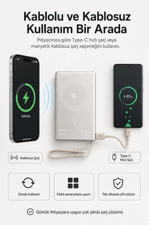 YM307 10000 mAh Manyetik Kablosuz Powerbank – 25W PD Hızlı Şarj, 15W Kablosuz Şarj ve 360° Döner Stand