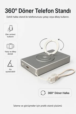 YM307 10000 mAh Manyetik Kablosuz Powerbank – 25W PD Hızlı Şarj, 15W Kablosuz Şarj ve 360° Döner Stand