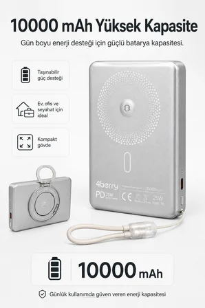 YM307 10000 mAh Manyetik Kablosuz Powerbank – 25W PD Hızlı Şarj, 15W Kablosuz Şarj ve 360° Döner Stand
