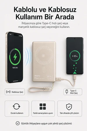 YM307 10000 mAh Manyetik Kablosuz Powerbank – 25W PD Hızlı Şarj, 15W Kablosuz Şarj ve 360° Döner Stand
