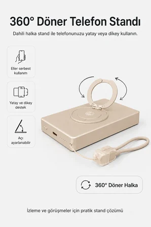 YM307 10000 mAh Manyetik Kablosuz Powerbank – 25W PD Hızlı Şarj, 15W Kablosuz Şarj ve 360° Döner Stand