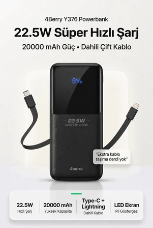 YM832 20000mAh 22.5W Süper Hızlı Şarj Type-C ve Lightning Kablolu Powerbank