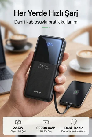 YM832 20000mAh 22.5W Süper Hızlı Şarj Type-C ve Lightning Kablolu Powerbank