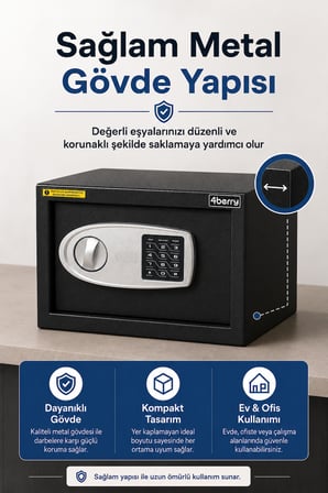 TC-002 Elektronik Şifreli Çelik Kasa – Duvar ve Zemin Montajlı, Acil Anahtarlı, 9 Litre - Siyah