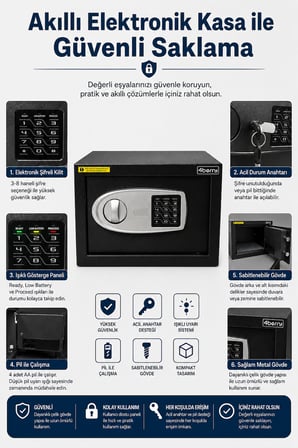TC-002 Elektronik Şifreli Çelik Kasa – Duvar ve Zemin Montajlı, Acil Anahtarlı, 9 Litre - Siyah