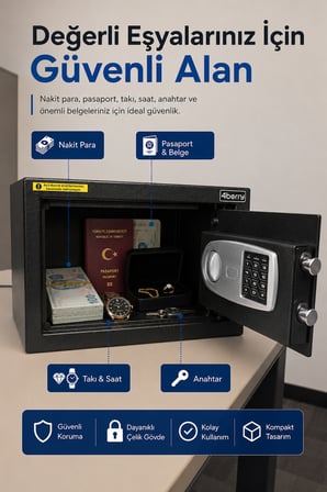 TC-002 Elektronik Şifreli Çelik Kasa – Duvar ve Zemin Montajlı, Acil Anahtarlı, 9 Litre - Siyah