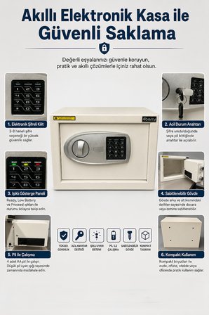 TC-002 Akıllı Elektronik Kasa, Şifreli Çelik Para Kasası, Acil Durum Anahtarlı ve Sabitlenebilir Güvenlik Kasası Beyaz