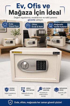 TC-002 Akıllı Elektronik Kasa, Şifreli Çelik Para Kasası, Acil Durum Anahtarlı ve Sabitlenebilir Güvenlik Kasası Beyaz