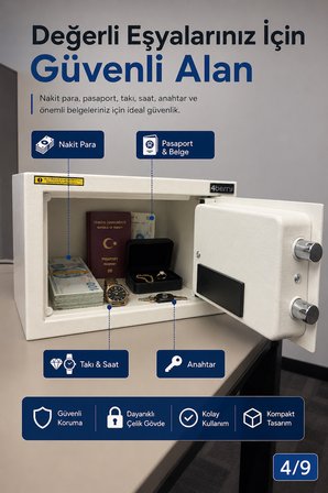 TC-002 Akıllı Elektronik Kasa, Şifreli Çelik Para Kasası, Acil Durum Anahtarlı ve Sabitlenebilir Güvenlik Kasası Beyaz