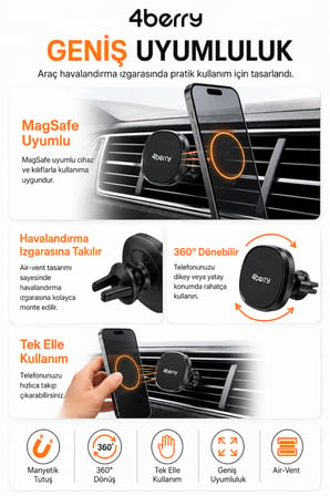 MagSafe Uyumlu Manyetik Araç Telefon Tutucu – Havalandırma Izgarası, 360° Döner Başlık